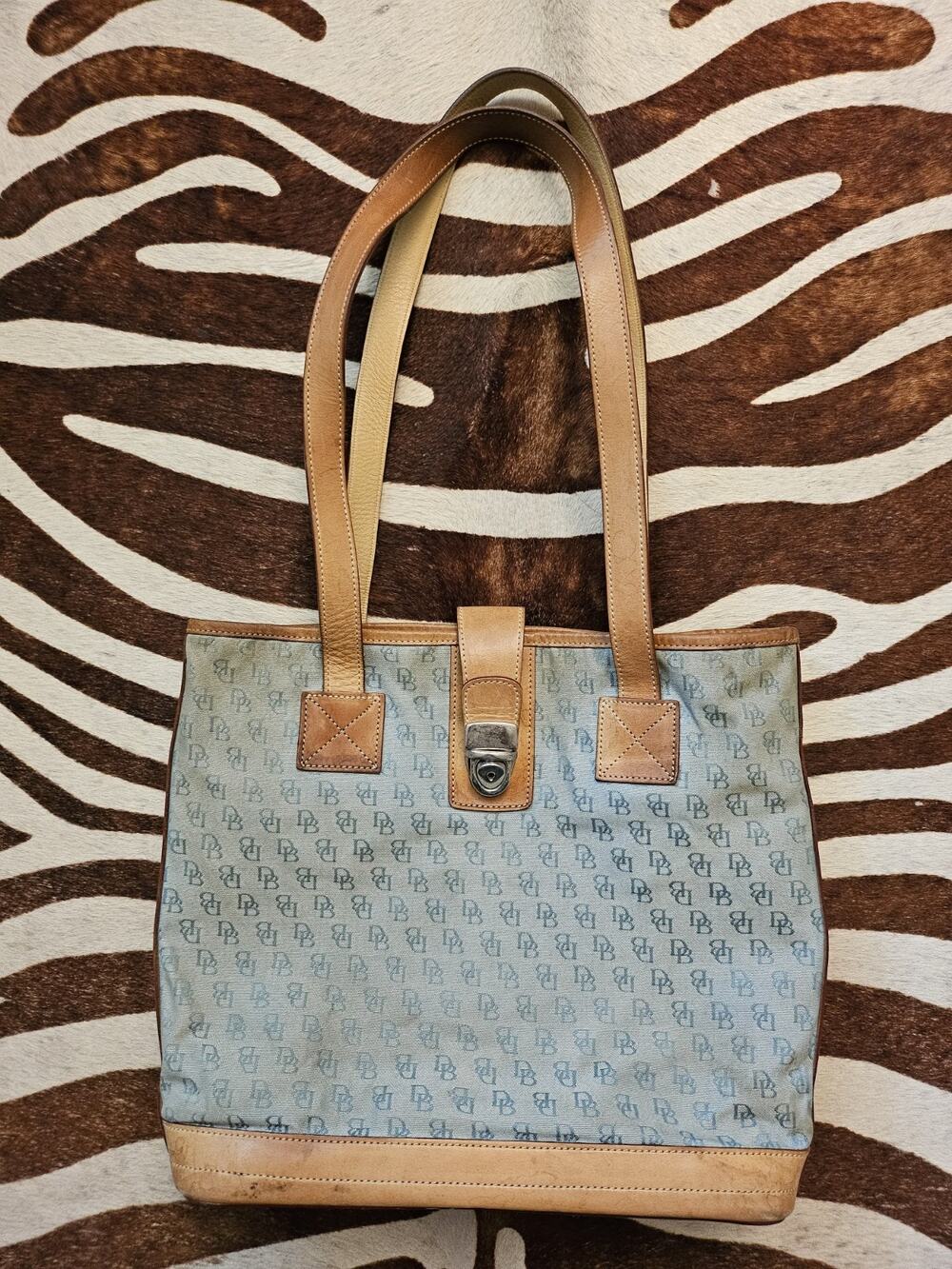 Vintage Y2k Dooney & Bourke Blue DB Monogram Canvas Tote Leather Trim Distressed